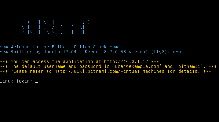 Přihlašovací obrazovka Bitnami pro virtuální počítač s GitLab.