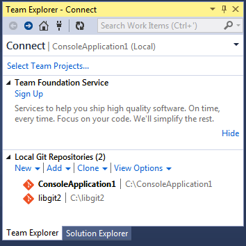 Подключение к Git-репозиторию из окна Team Explorer (Командный обозреватель)